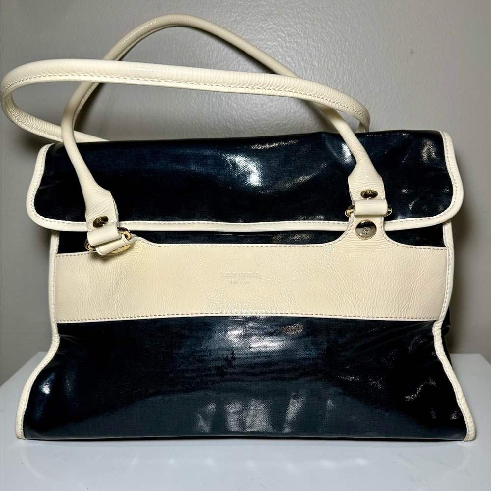 Kate Spade New York Black & White Patent Leather Coated Canvas Small Satchel Bag
